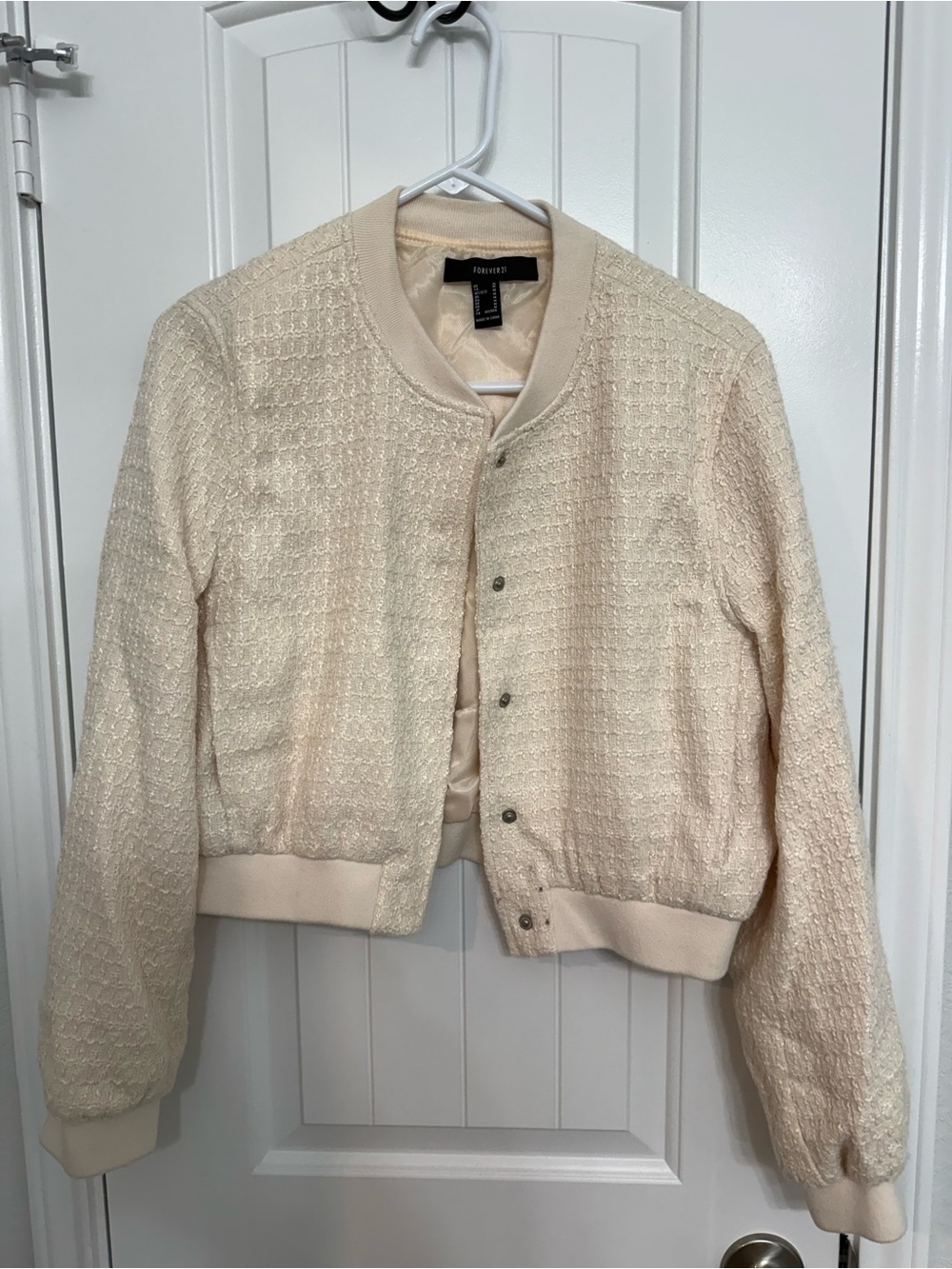 Forever 21 Cream Textured Cropped Bomber Jacket